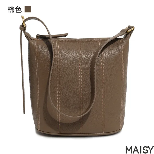 【MAISY】時尚潮流質感軟皮斜肩水桶包(現+預  黑色／土黃色／米色／棕色)