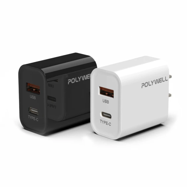 POLYWELL 20W PD雙孔快充頭 USB Type-C 充電器(充電頭 手機充電器 雙孔雙規格 旅充)