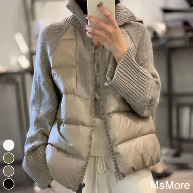 【MsMore】韓版針織拼接麵包款棉衣高領優雅氣質長袖保暖短外套#120305(白/黑/灰/綠)