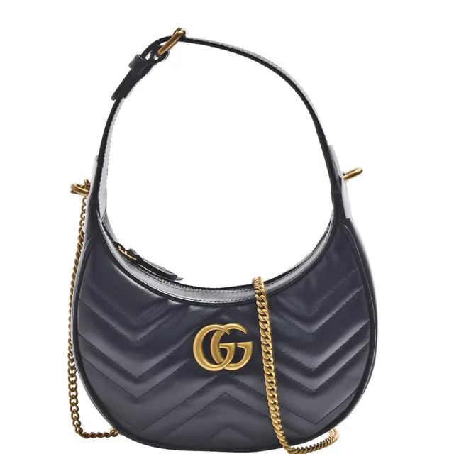 【GUCCI 古馳】經典GG Marmont雙GLOGO衍縫小牛皮手提/斜背彎月包(黑色699514-DTDHT-1000)（其他規格）