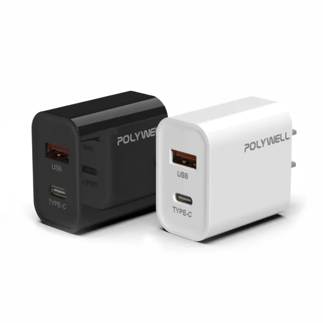 【POLYWELL】20W PD雙孔快充頭  USB Type-C 充電器(充電頭 手機充電器 雙孔雙規格 旅充)