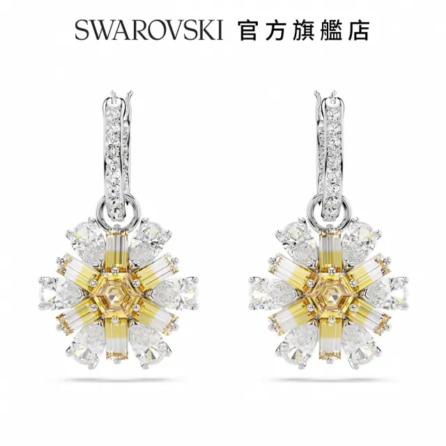 【SWAROVSKI 官方直營】Idyllia 水滴形耳環 花朵 黃色 鍍白金色