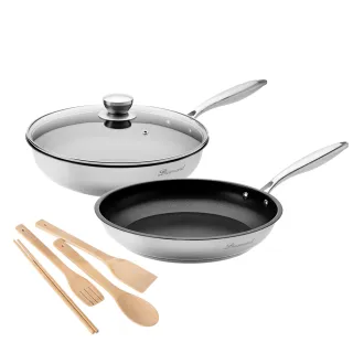 【CookPower 鍋寶】Diamond系列鋼鑽不鏽鋼不沾完美組-IH爐可用鍋(28炒+28蓋+28煎+廚具四件組)