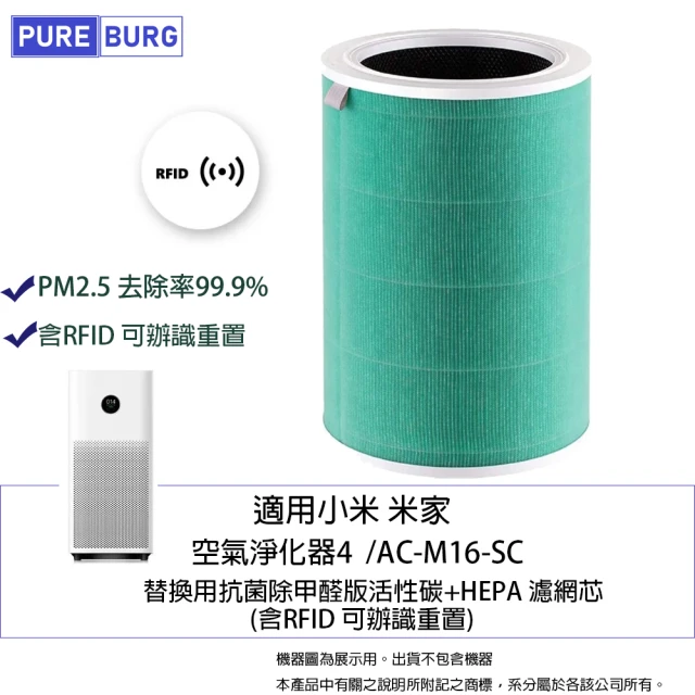 PUREBURG 適用MI 小米空氣淨化器4代 小米4 小米四 空氣清淨機 2合1HEPA+活性碳濾網(含RFID晶片)