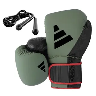 【adidas 愛迪達】Combat 50 綠黑拳擊手套+跳繩超值組(拳擊 泰拳 格鬥 搏擊 拳套 健身 有氧 熱身)