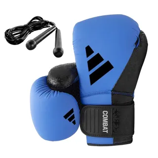 【adidas 愛迪達】Combat 50 藍黑拳擊手套+跳繩超值組(拳擊 泰拳 格鬥 搏擊 拳套 健身 有氧 熱身)