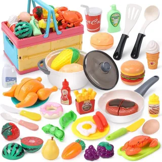 【CUTE STONE】兒童購物提籃與仿真切切樂益智玩具34件套裝組合