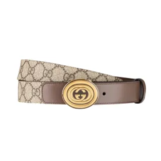 【GUCCI 古馳】Interlocking GG 釦環3CM皮帶-福利品(烏木色-80公分)