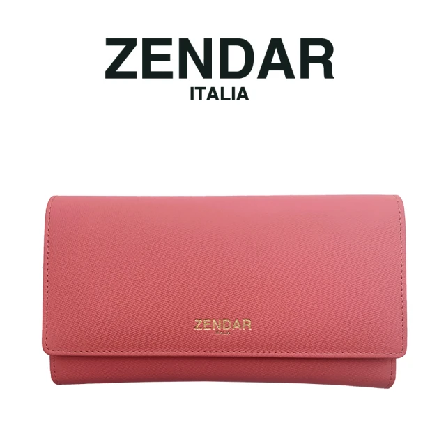 【ZENDAR】頂級小牛皮三摺十字紋三折長夾 蘿絲系列(粉紅色 贈禮盒提袋)
