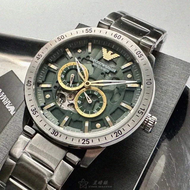 【EMPORIO ARMANI】ARMANI阿曼尼男錶型號AR00057(墨綠色機械鏤空錶面銀錶殼銀色精鋼錶帶款)