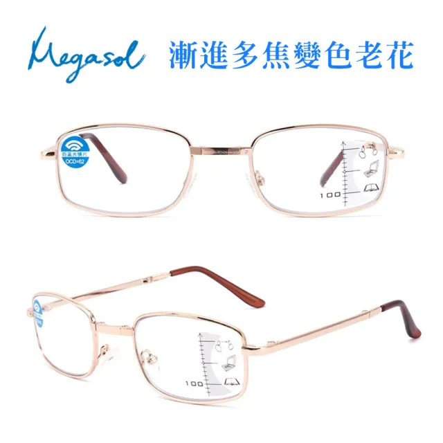 【MEGASOL】俐落半方框便攜折疊漸進多焦變色老花眼鏡(KZ-BS1812)