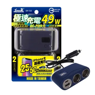 【STREET-R】49W極速雙孔車充 藍 SR-725 QC＋PD BB-244481(車麗屋)