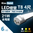 【KISS QUIET】T8 4尺/4呎 白光/自然光/黃光 21W LED燈管-6入(LED燈管 T84尺 T8燈管 T84呎 燈管 吸頂燈)