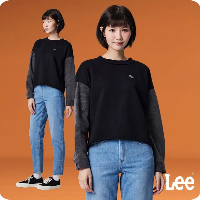 【Lee】女裝 長袖厚T / 異材質 牛仔袖拼接  氣質黑 季節性版型 / 101+系列(LB330026K11)