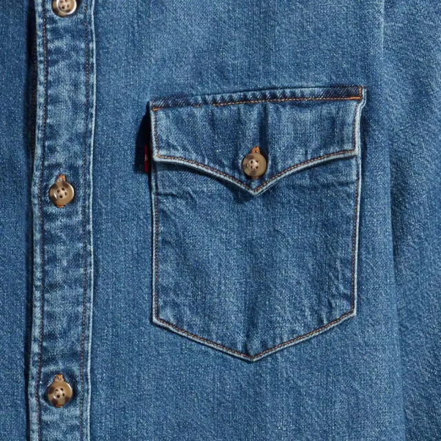 【LEVIS】男款 復古燈心絨領牛仔襯衫/寬鬆休閒版型/精工中藍染石洗/寒麻纖維 熱賣單品 A1919-0006