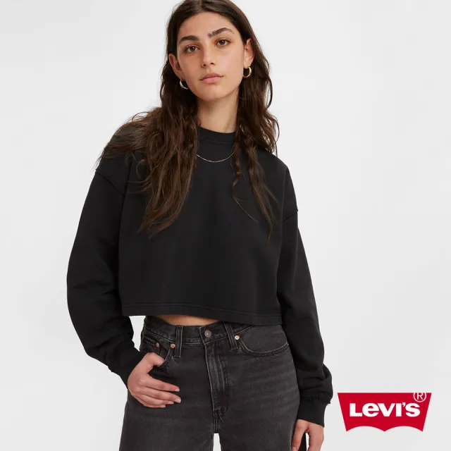 【LEVIS 官方旗艦】女款 短版寬鬆落肩重磅大學Tee/精工漂染工藝/400GSM厚棉 魚子黑 熱賣單品 A3393-0000