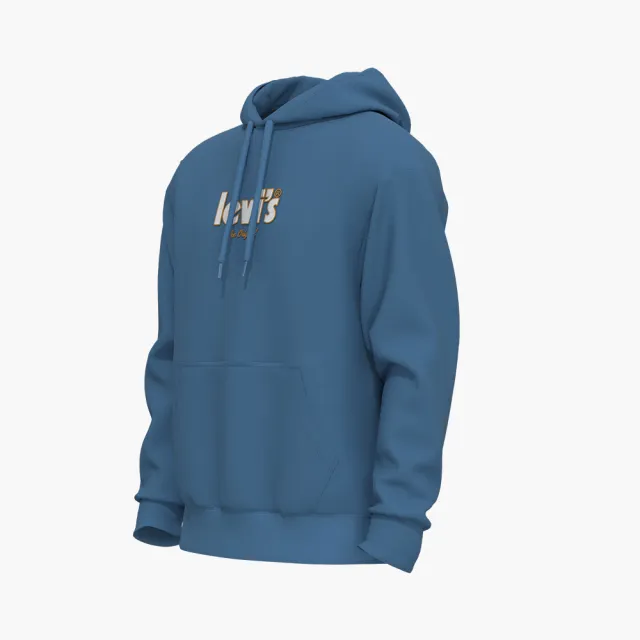 【LEVIS】男 寬鬆版重磅口袋帽T/精工刺繡徽章海報體Logo/400GSM厚棉 海洋藍 熱賣單品 38479-0158