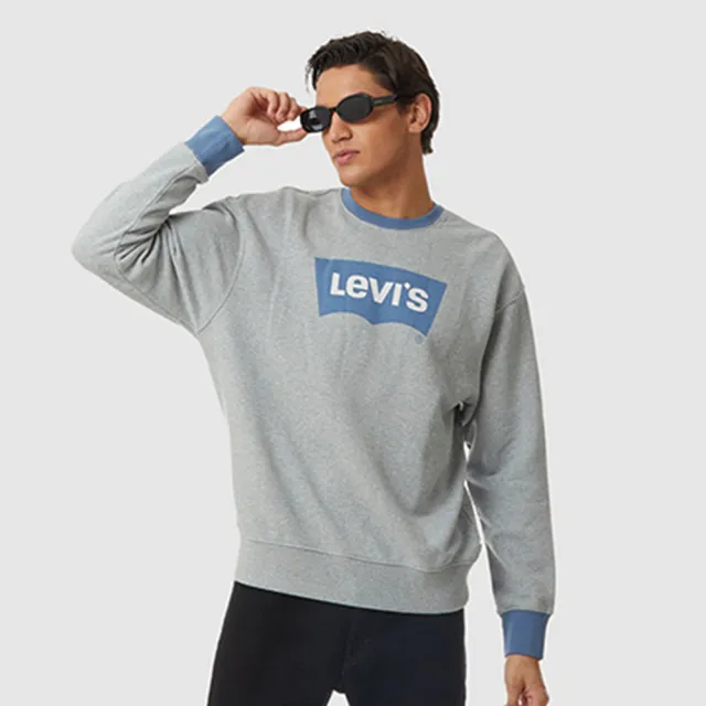 【LEVIS 官方旗艦】男款 復古滾邊寬鬆版重磅大學T/經典Logo/430GSM厚棉 麻花灰 熱賣單品 38712-0050