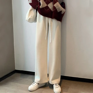【D.studio】韓版奶油色燈芯絨高腰直筒垂感寬褲(褲子 長褲 休閒褲 女裝 高腰褲 拖地褲 直筒褲 寬褲 P175)