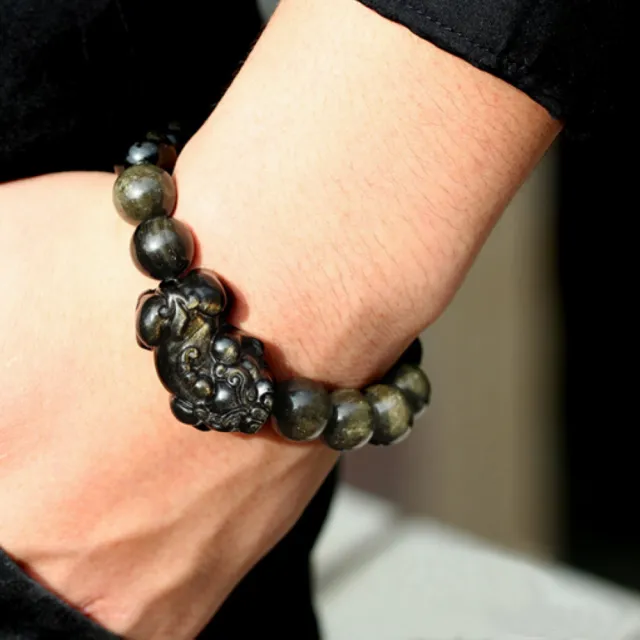 【財神小舖】金曜石貔貅開運手鍊14mm 搶錢(已開光 招財 高雄進寶財神廟 保平安 黑曜石)