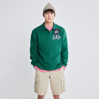 【GAP】男裝 Gap x JEREMY VILLE聯名 Logo印花刷毛翻領長袖上衣-綠色(841239)