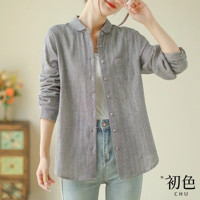 【初色】棉麻風格紋小圓領長袖單排釦襯衫上衣女上衣-共2色-32466(M-2XL可選)