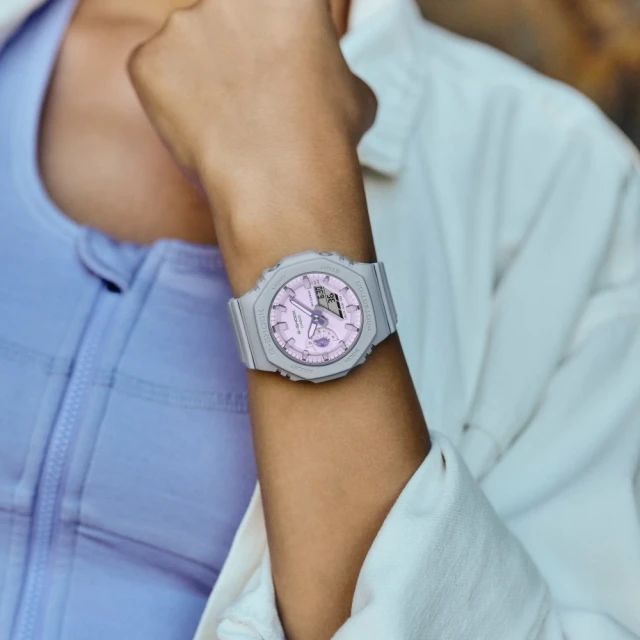 CASIO 卡西歐 療癒舒適羅勒葉圖形時尚雙顯腕錶 薰衣草紫