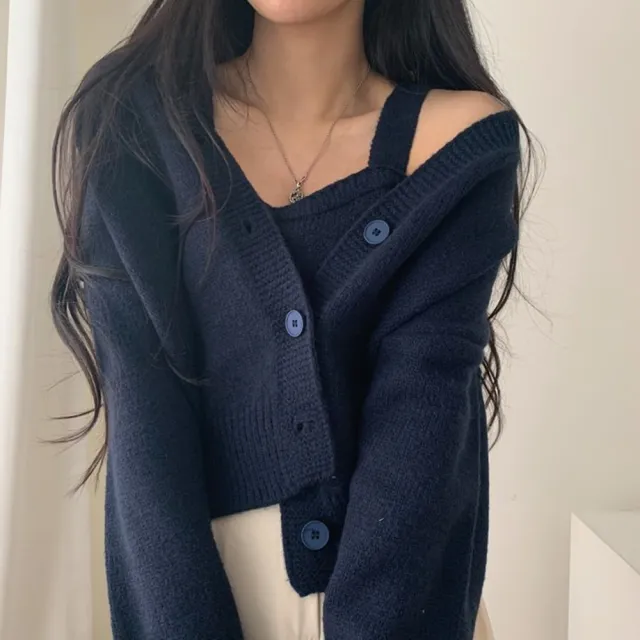 【D.studio】韓版氣質慵懶風毛衣針織外套+針織背心(上衣 女裝 衣服 外套 長袖上衣 小可愛 套裝 J250)