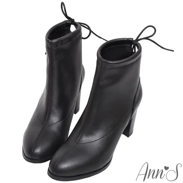 【Ann’S】維多利亞-後綁帶素面彈力皮革高跟短靴7cm-版型偏大(黑)
