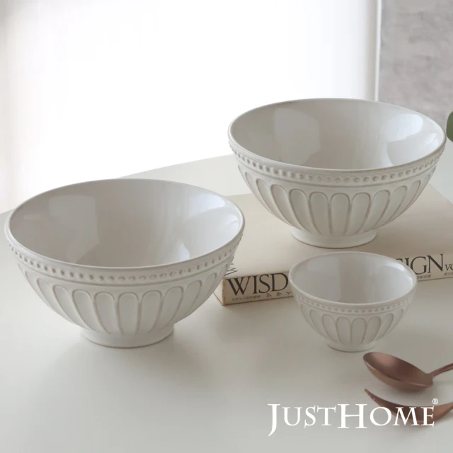 【Just Home】霧白輕奢條紋陶瓷餐具3件組(麵碗+調味碟-可微波)