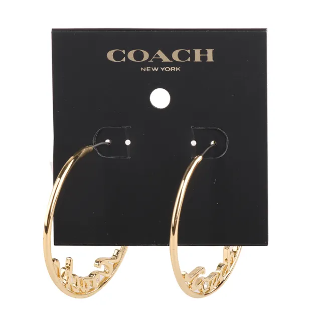 【COACH】草寫coach標誌水鑽大圈圈穿針式耳環一對(金色)