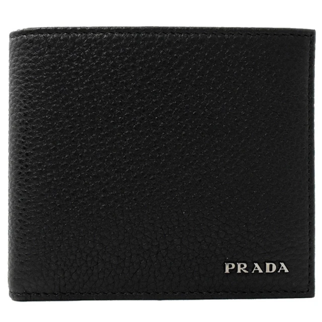 PRADA 普拉達PRADA 普拉達 SAFFIANO 簡約金屬LOGO荔枝皮革雙層零錢短夾(黑)