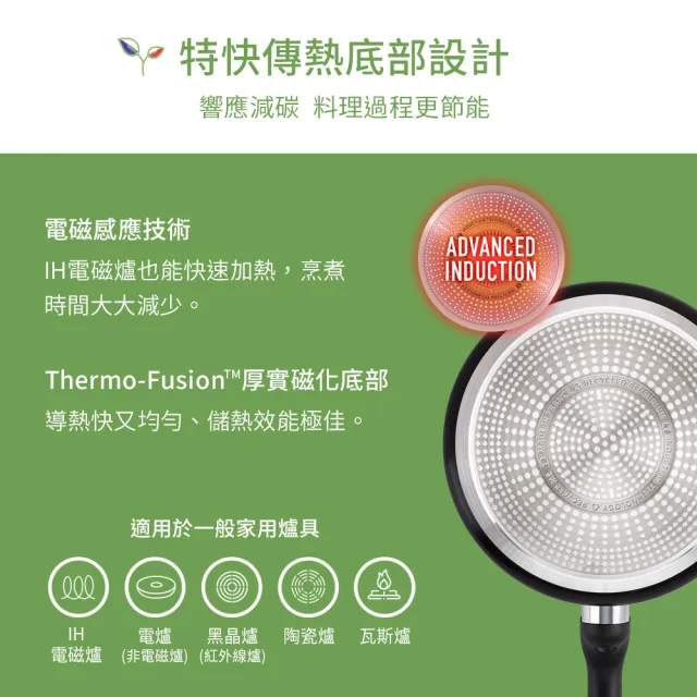 【Tefal 特福】法國製綠生活陶瓷不沾鍋系列24CM深煎鍋/深平底鍋_加蓋-曜石黑(IH爐可用鍋)