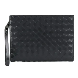 【BOTTEGA VENETA 寶緹嘉】592855 經典編織小羊皮ㄇ字拉鍊掛腕手拿包(黑色)