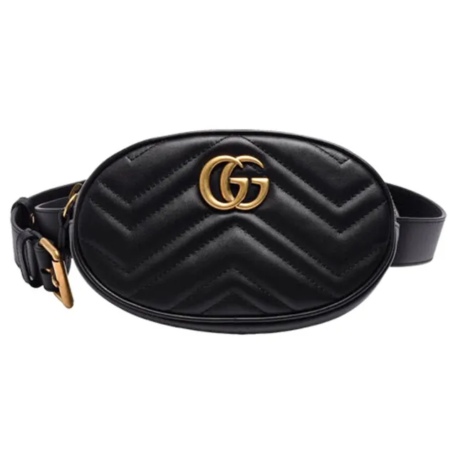 【GUCCI 古馳】476434 經典GG Marmont系列仿舊金色LOGO 山字車紋牛皮拉鍊手拿/腰/斜背包(黑色)