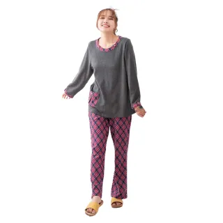 【Wacoal 華歌爾】睡衣-居家休閒 M-LL圓領半開襟針織格紋褲裝  LWZ85503RE(紅)