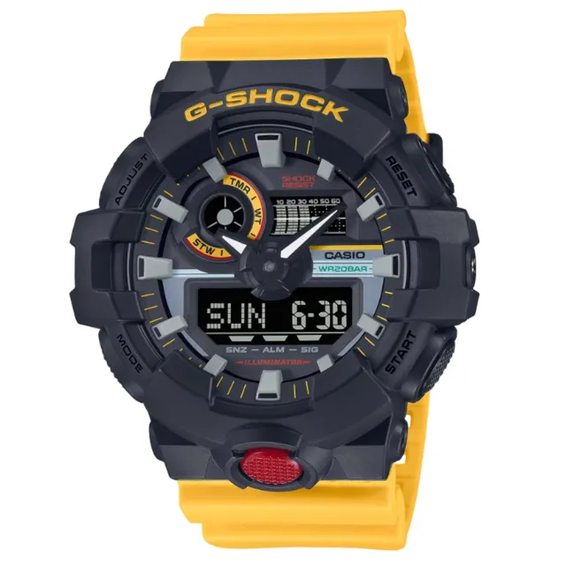 【CASIO 卡西歐】G-SHOCK 錄音帶繽紛標籤方形時尚潮流電子錶 黑黃 GA-700MT-1A9_53.4mm