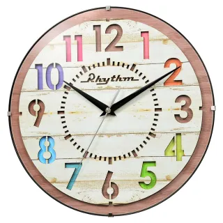 【RHYTHM 麗聲】日系造型繽紛數字偽木紋居家裝飾掛鐘(棕色)