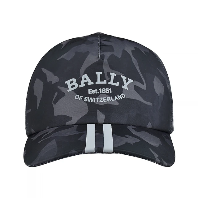 BALLY BALLY立體字母LOGO迷彩印花搭線條設計尼龍棒球帽(黑x深灰)