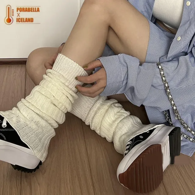 【Porabella】素色中筒襪 小腿襪 堆堆襪 女襪 中筒襪 堆堆襪保暖坑條豎條紋保暖襪套 SOCKS
