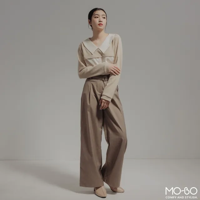 【MO-BO】跳色小領片針織雪紡上衣