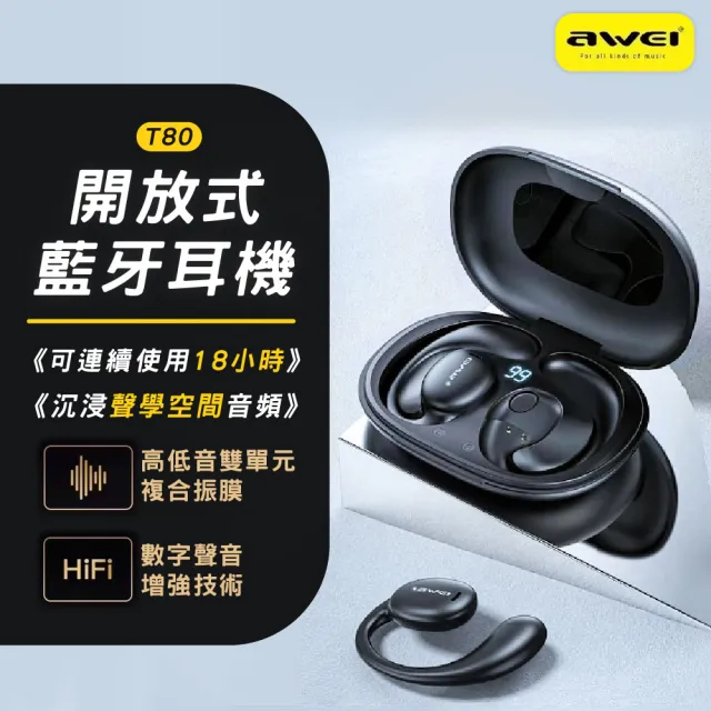 【CityBoss】AWEI T80 OWS 開放式藍牙耳機 氣傳導耳掛式運動耳機 電量顯示(適用 蘋果 安卓)