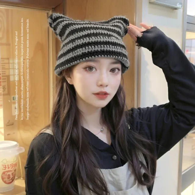 【時尚單品】ins韓系貓耳朵針織帽(韓國女團 愛豆同款 貓耳毛帽 保暖  秋冬帽 美拉德 護耳帽 百搭)