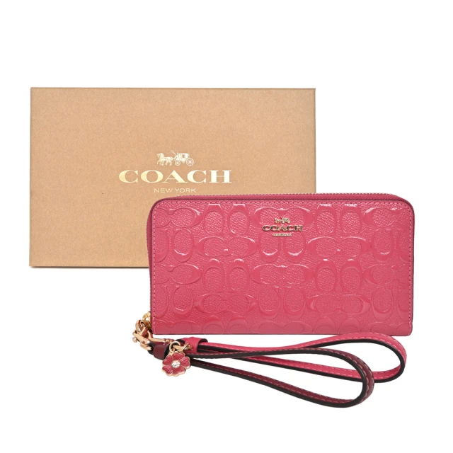 COACH 浮雕C Logo漆皮雙掛帶手掛拉鍊長夾禮盒組(桃色)