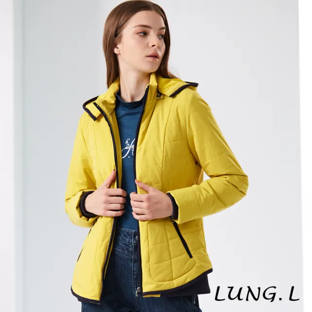 【LUNG.L 林佳樺】LM61C34 黃色鋪棉搭配藍色羅紋長袖連帽外套(女裝 保暖 秋冬款)