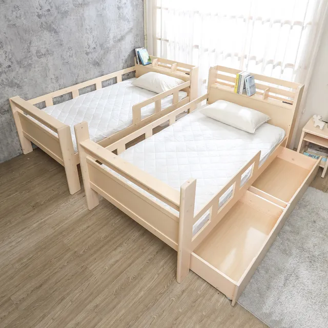 【柏蒂家居】歐里3.5尺單人書架型插座床頭實木雙層床架-附收納抽屜2入