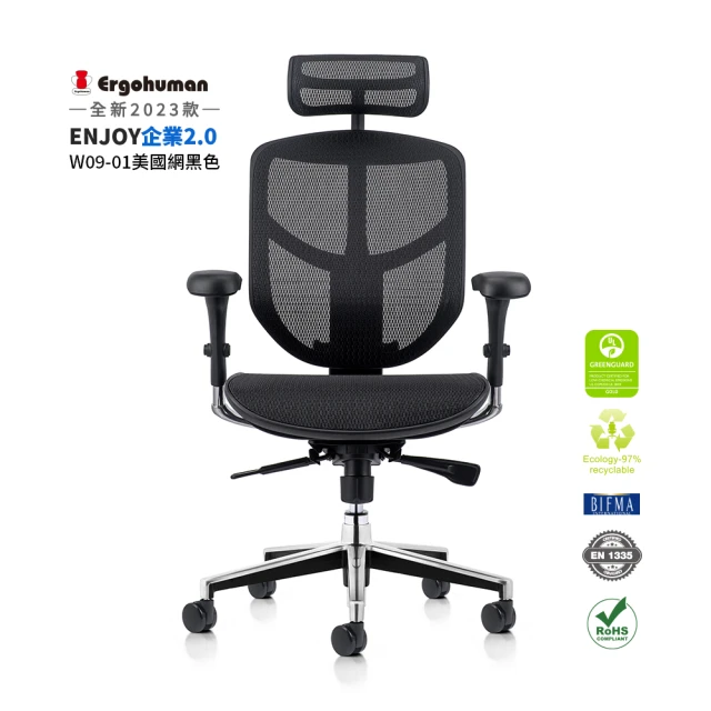 ERGOHUMAN ENJOY 企業2.0 舒適再升級 W09-01美製網 鋁合金腳(人體工學椅 辦公椅 全網椅 美國網)