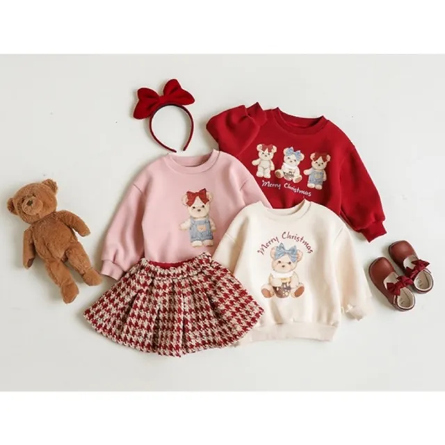 【安朵童舖】現貨韓版兒童加絨長袖上衣女寶上衣小熊圓領上衣女童拜年服(126)