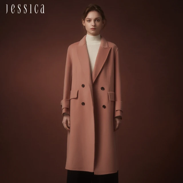 JESSICA 氣質修身保暖顯瘦翻領羊毛大衣外套J35C01（粉）