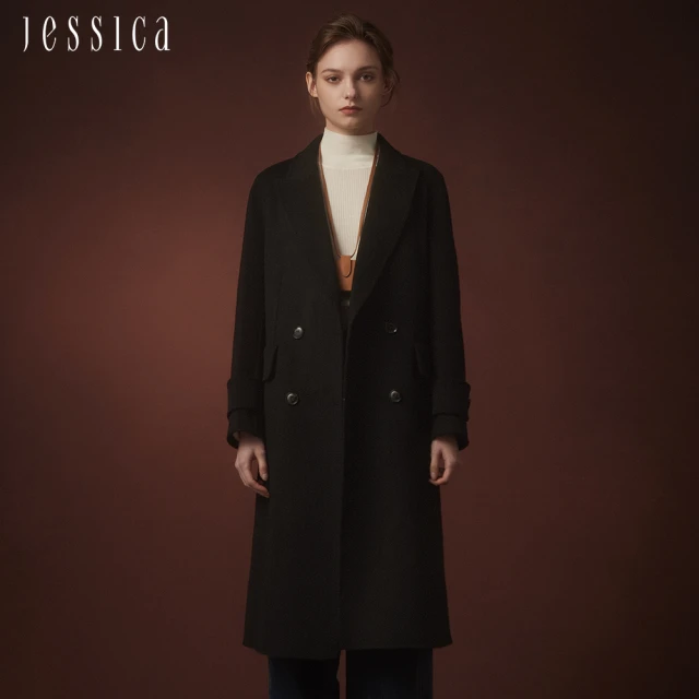 JESSICA 氣質修身保暖顯瘦翻領羊毛大衣外套J35C01（黑）